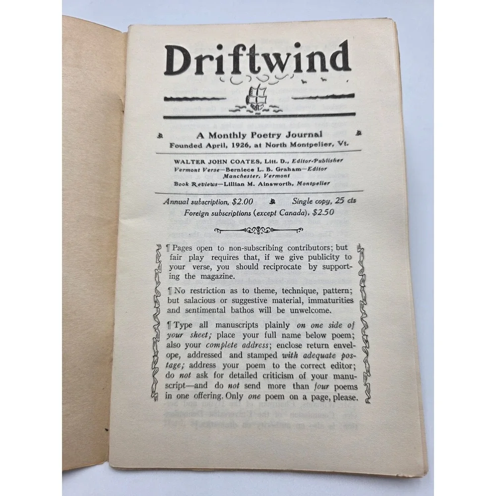 Vintage Driftwind Poetry Magazine November 1938 Vol XIII No 5 Vermont Press